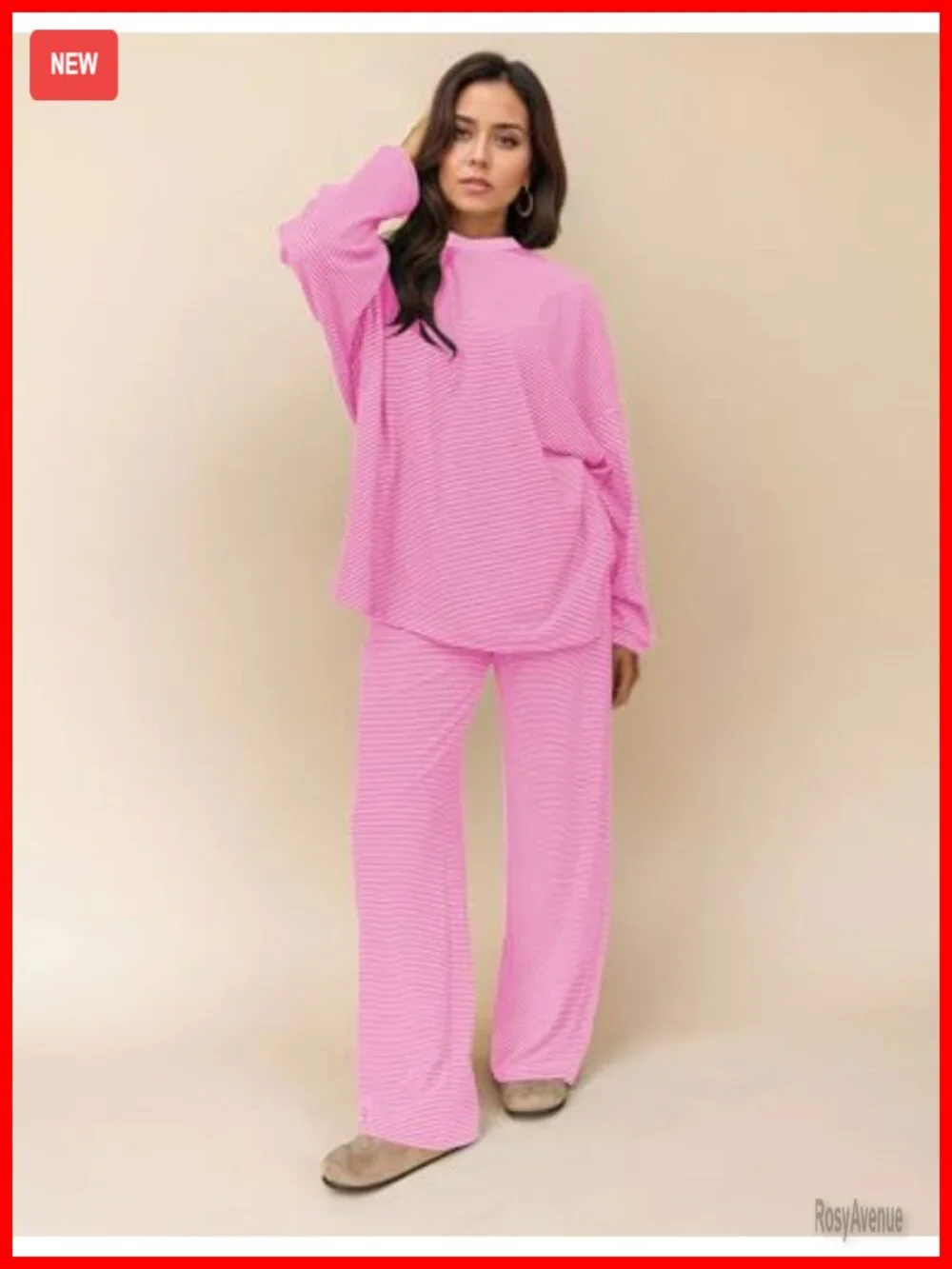 2 Piece Striped Lounge Set Oversized Tee Wide Leg Pajamas